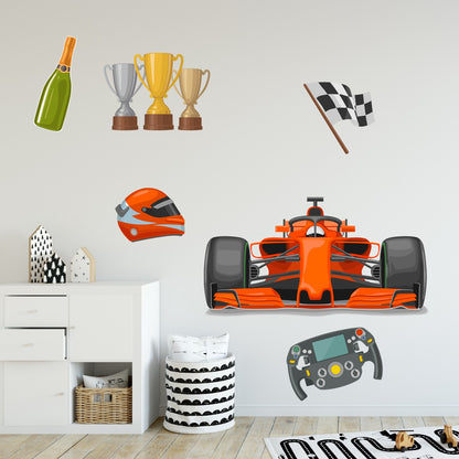 Car Wall Sticker - Orange Sports Car Racing Icons Decal Set