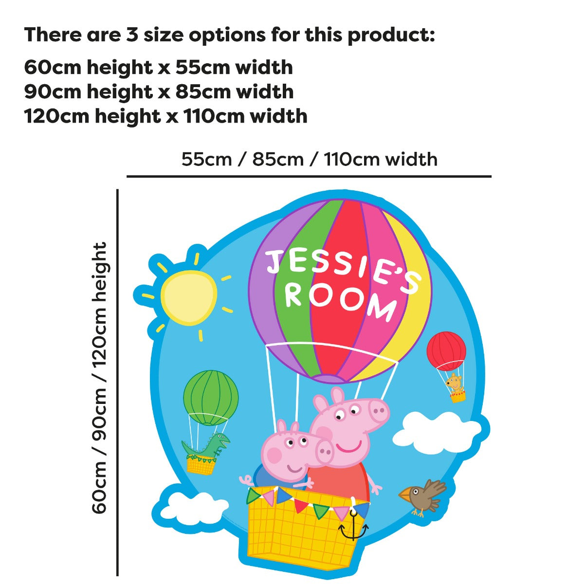 Peppa Pig Wall Sticker - Peppa and George Hot Air Balloon Personalised Name