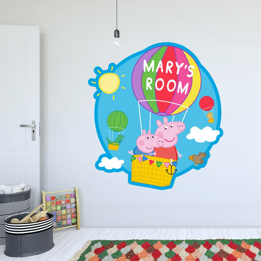 Peppa Pig Wall Sticker - Peppa and George Hot Air Balloon Personalised Name