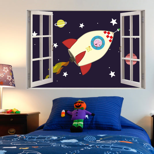 Peppa Pig Wall Sticker - Peppa and George Space Rocket Window Wall