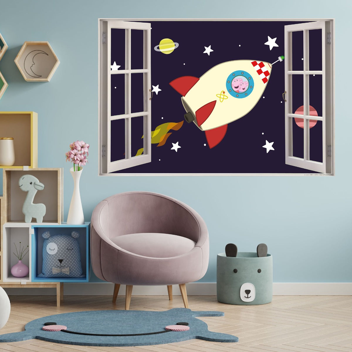 Peppa Pig Wall Sticker - Peppa and George Space Rocket Window Wall