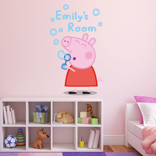 Peppa Pig Wall Sticker - Peppa Blowing Bubbles Personalised Name