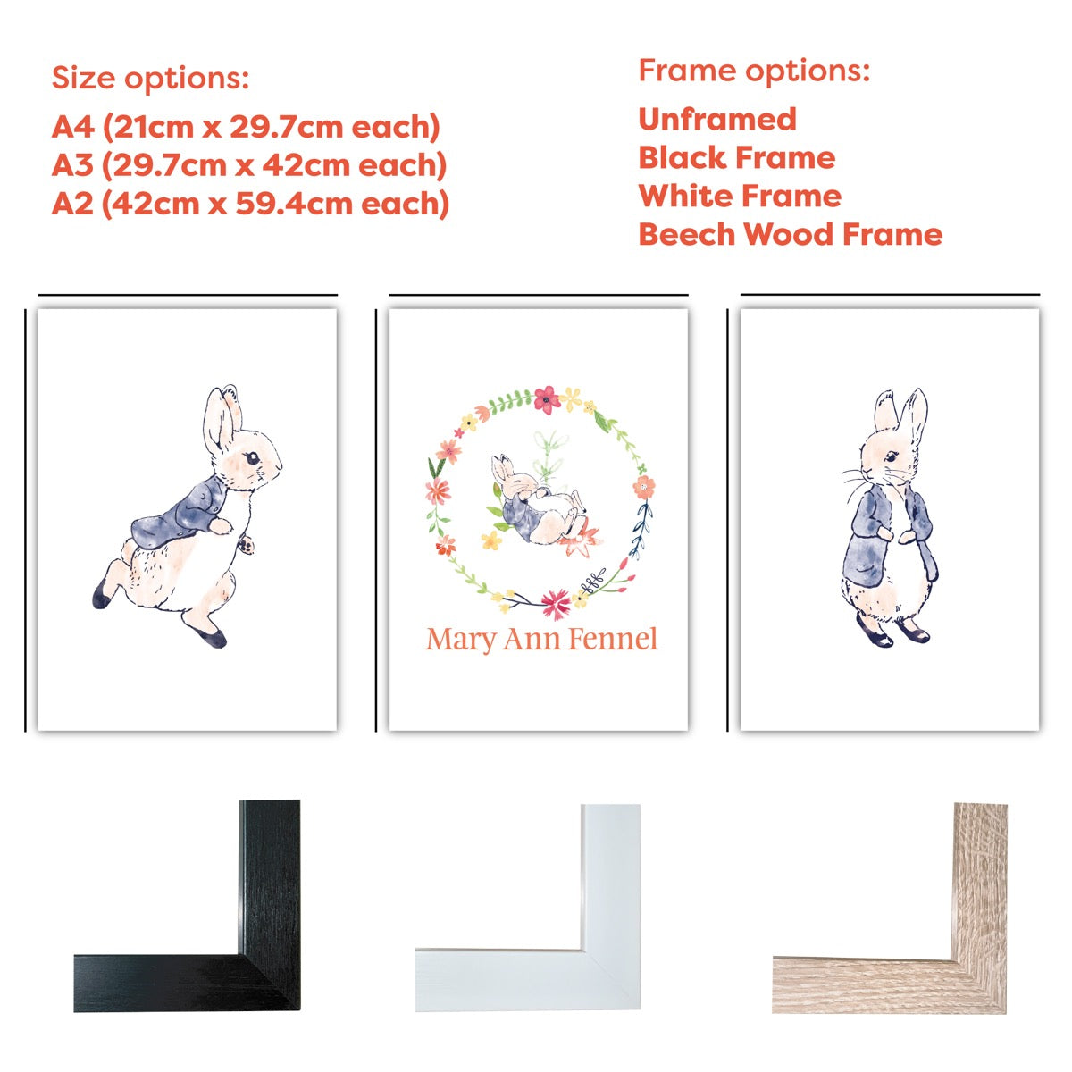 Peter Rabbit Print - Wreath Personalised Name Set of 3 Prints