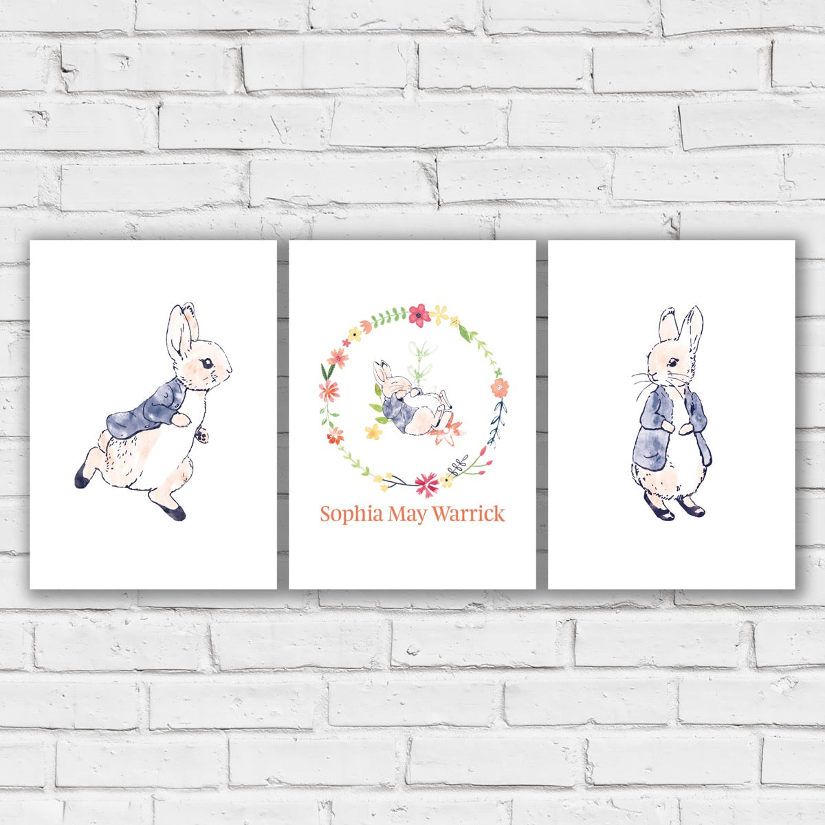 Peter Rabbit Print - Wreath Personalised Name Set of 3 Prints