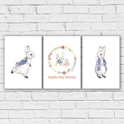 Peter Rabbit Print - Wreath Personalised Name Set of 3 Prints