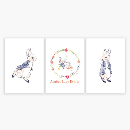 Peter Rabbit Print - Wreath Personalised Name Set of 3 Prints