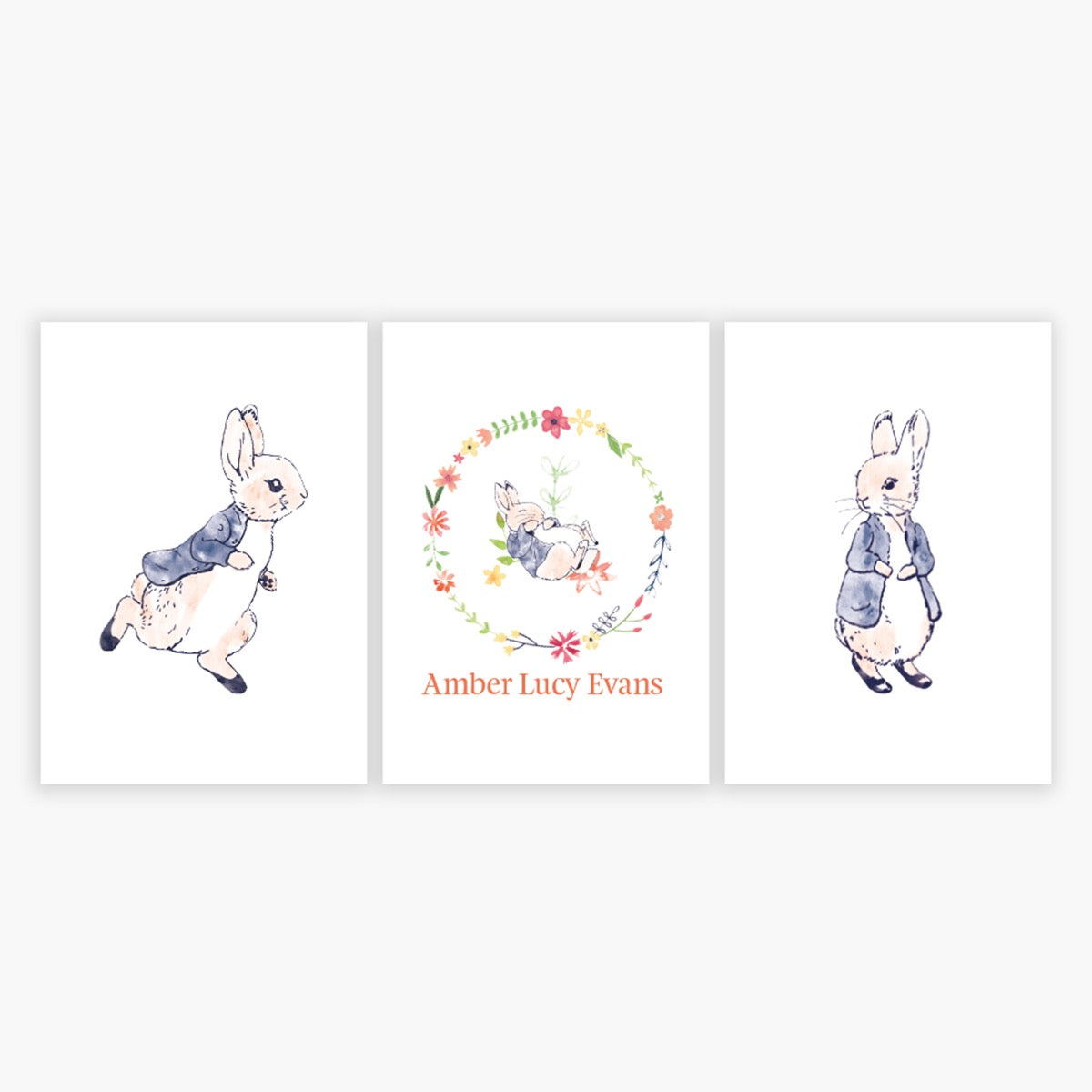 Peter Rabbit Print - Wreath Personalised Name Set of 3 Prints