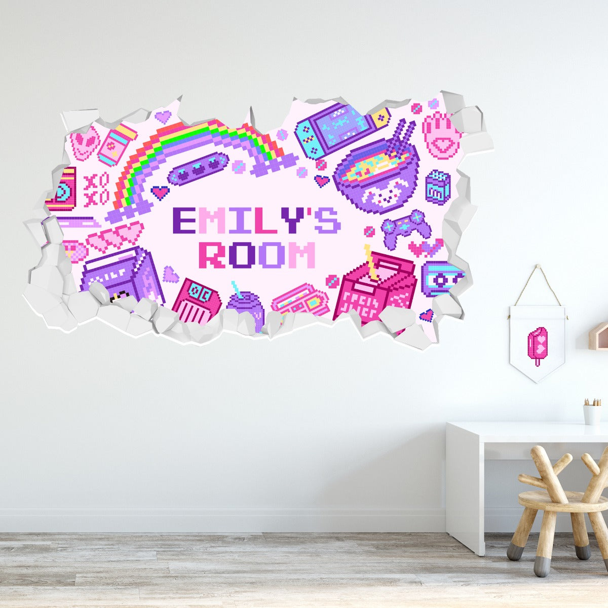 Girls Wall Sticker - Pink and Purple Personalised Name Pixel Broken Wall