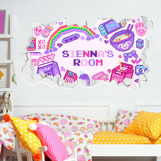 Girls Wall Sticker - Pink and Purple Personalised Name Pixel Broken Wall