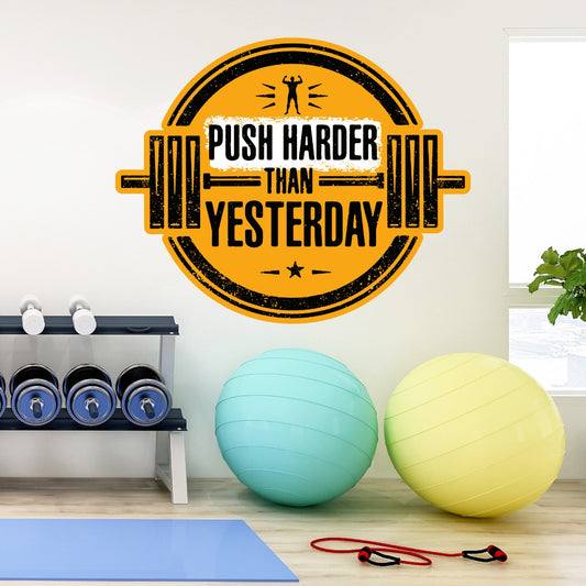 Gym Wall Sticker - Push Harder Than Yesterday Barbell Circle