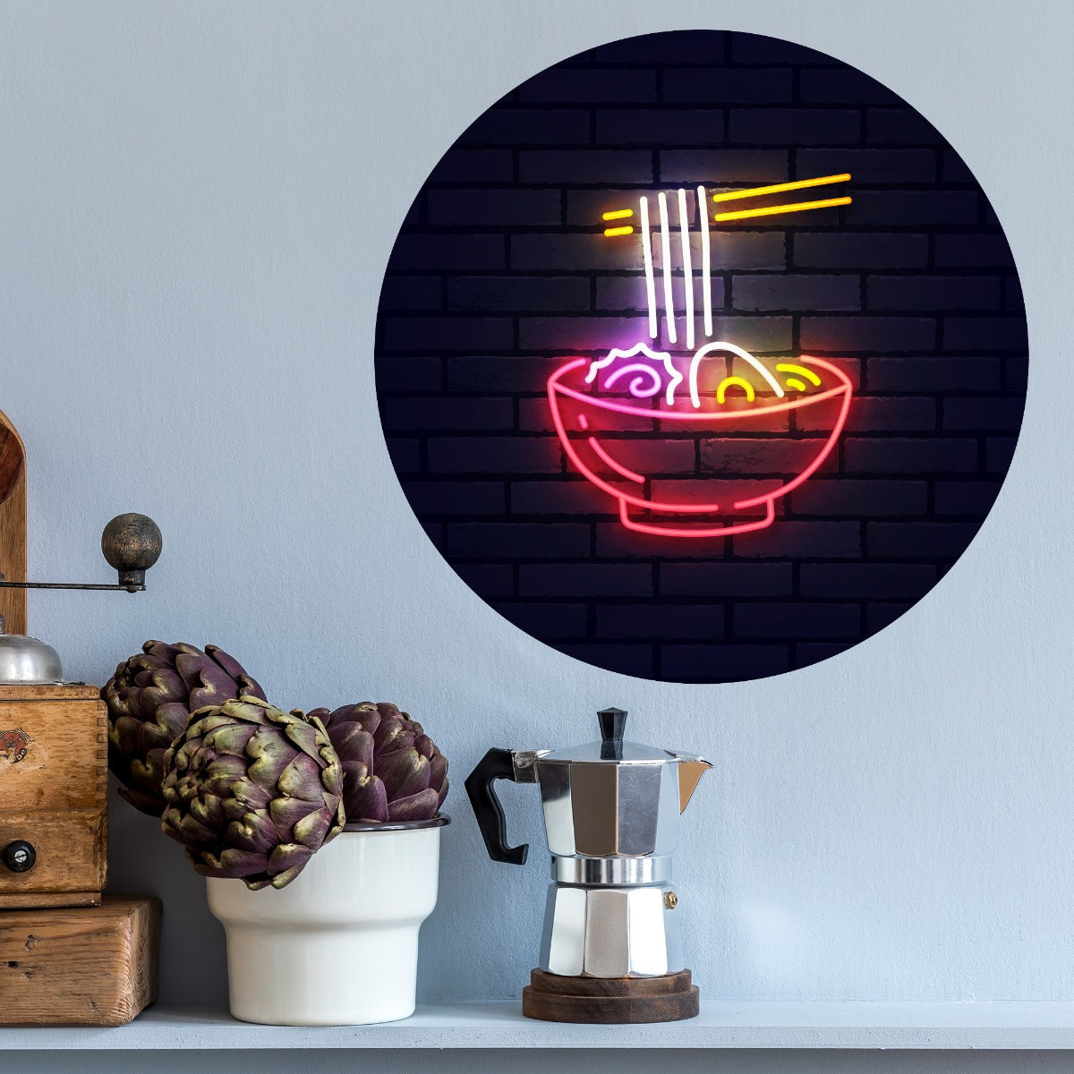Kitchen Wall Sticker - Ramen Bowl Neon Brick Circle