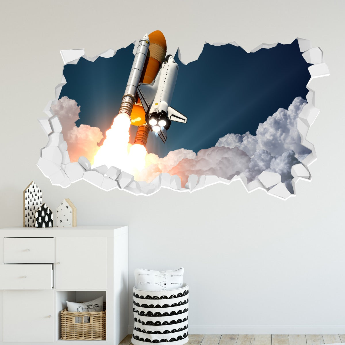 Space Wall Sticker - Rocket Ship Blasting Through Broken Wall