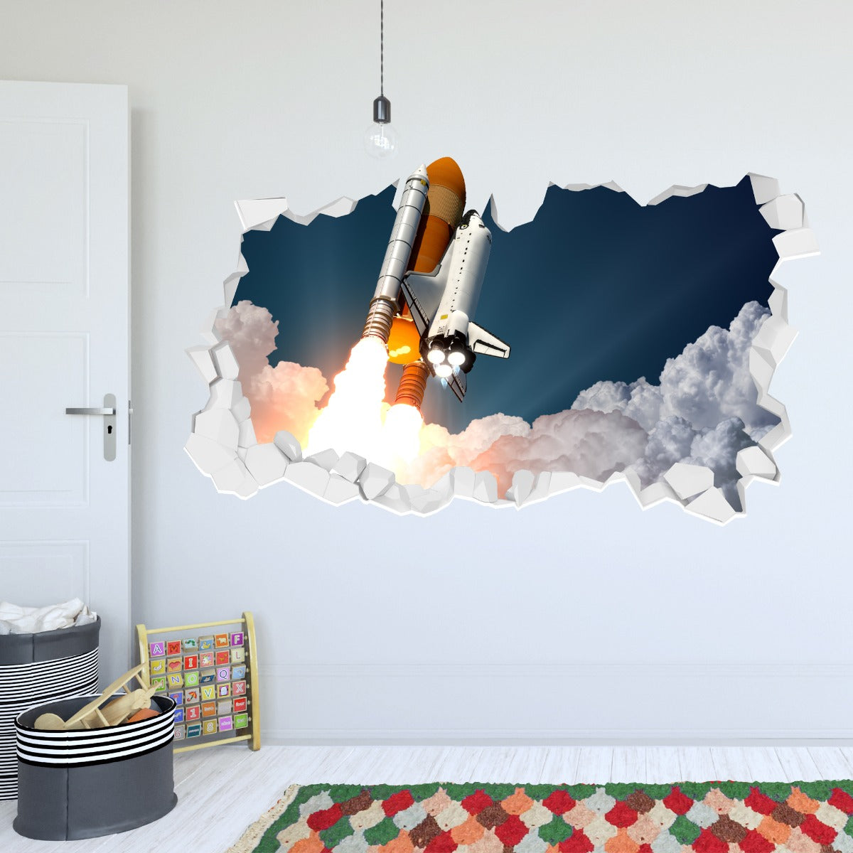 Space Wall Sticker - Rocket Ship Blasting Through Broken Wall