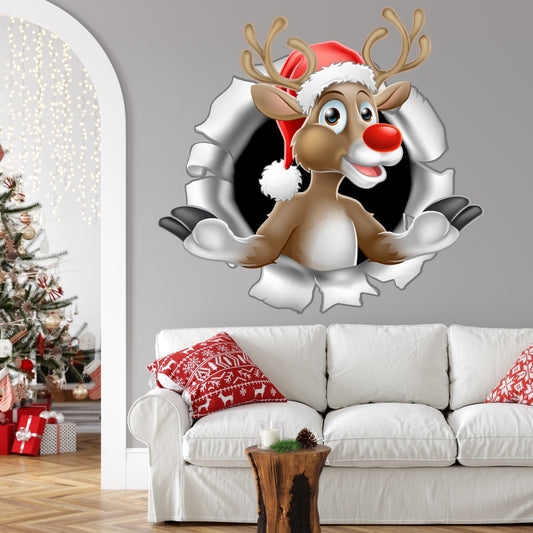 Rudolph Ripping Through Wall Decal