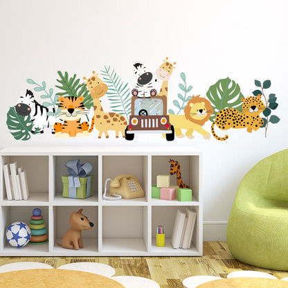 Nursery Wall Sticker - Safari Animals with Truck and Leaves