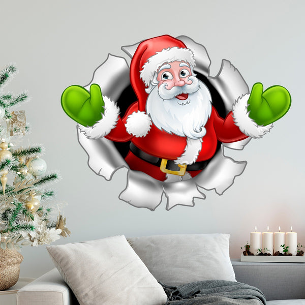 Christmas Wall Sticker - Santa Ripping Through Wall Decal Xmas Winter ...