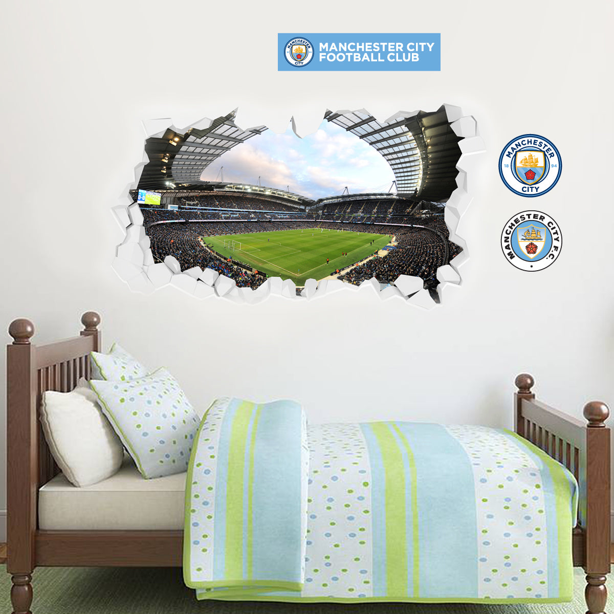 Manchester City Football Club Stadium Smash Wall Mural Man City Crest manchester-city-football-club-stadium-smash-wall-mural-man-city-crest