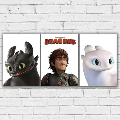 How To Train Your Dragon Set of 3 Prints - Hiccup, Toothless and Light Fury