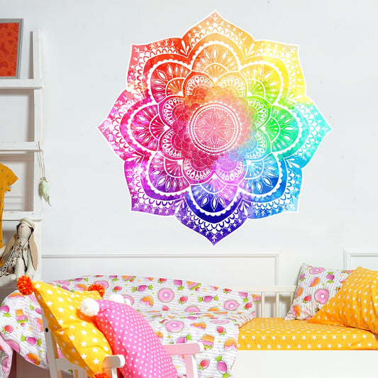 Mandala Wall Sticker - White Mandala on Rainbow Watercolour Background