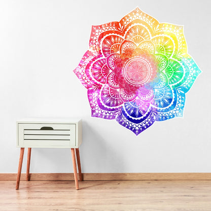 Mandala Wall Sticker - White Mandala on Rainbow Watercolour Background