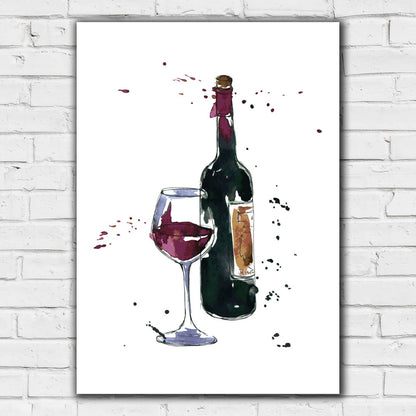 Alcohol Print - Watercolour Wine Bottle and Glass