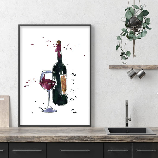 Alcohol Print - Watercolour Wine Bottle and Glass