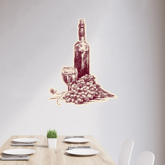 Wine Bottle Glass and Grapes Sketch Wall Sticker