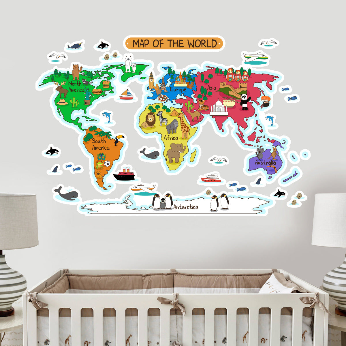 World Map Animals Wall Sticker