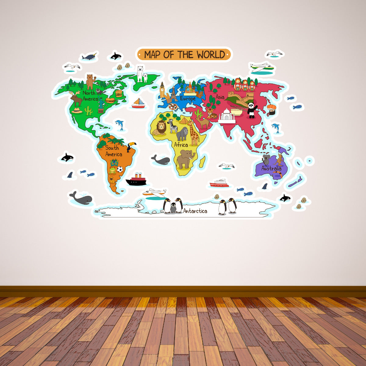 World Map Animals Wall Sticker