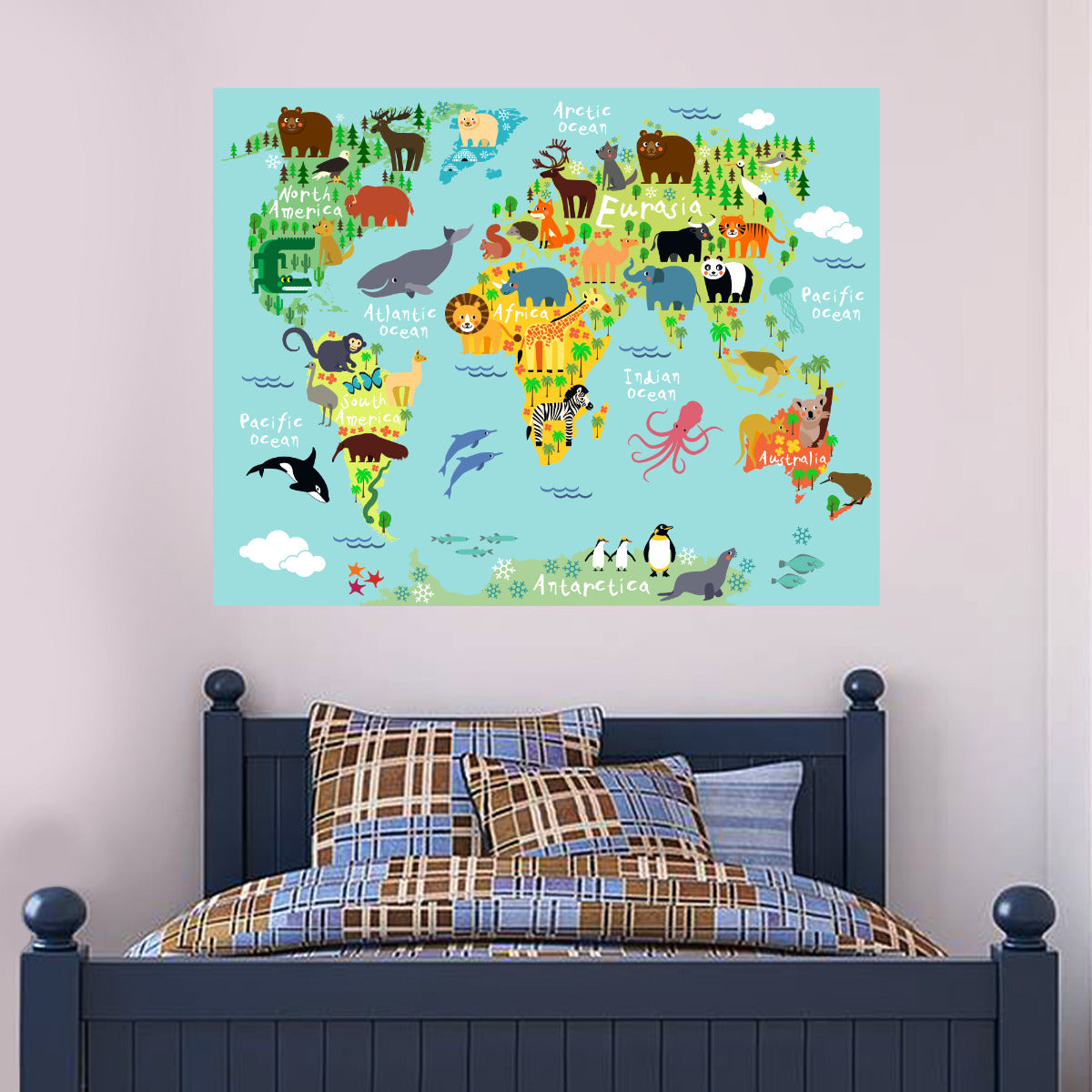 World Map Animals Poster Wall Sticker