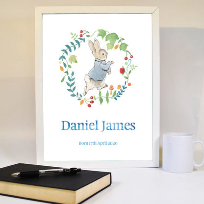 Peter Rabbit Print - Wreath Personalised Name & Date Print